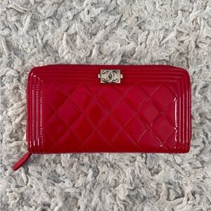 Chanel Quilted Patent Leather Boy Zip Wallet - Red